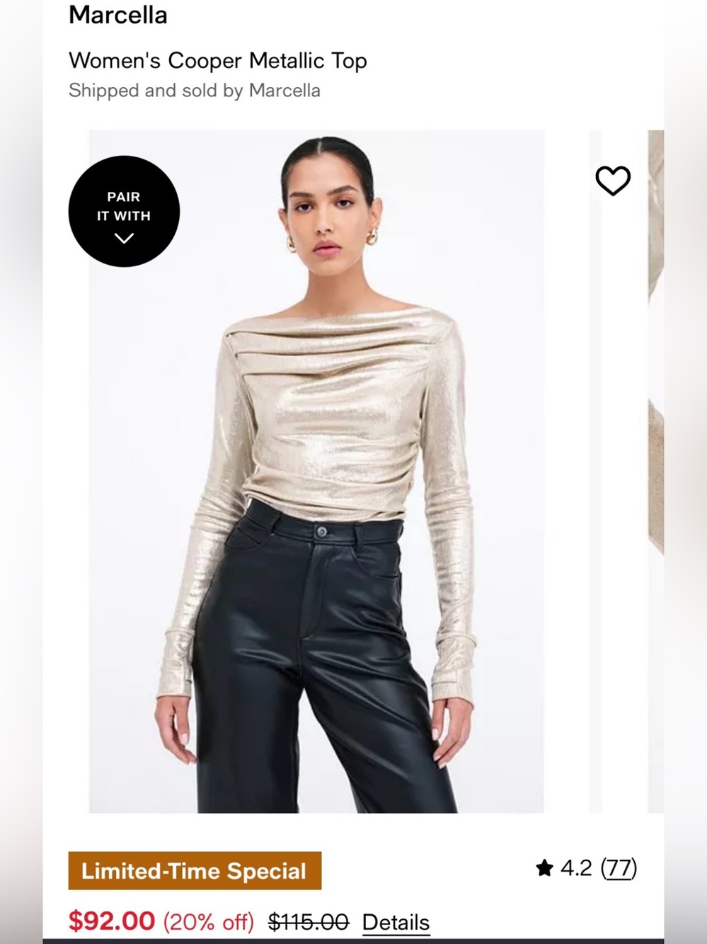 Marcella Metallic Long-Sleeve Top - Gold
